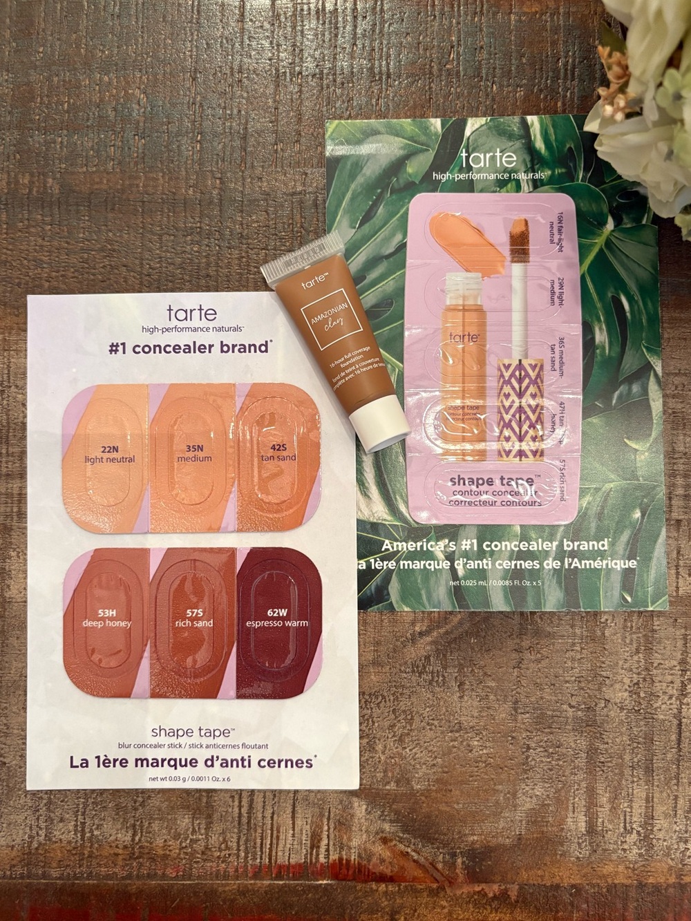 New TARTE Amazonian Clay FOUNDATION Mini in DEEP SAND + SHAPE TAPE Sample Cards!